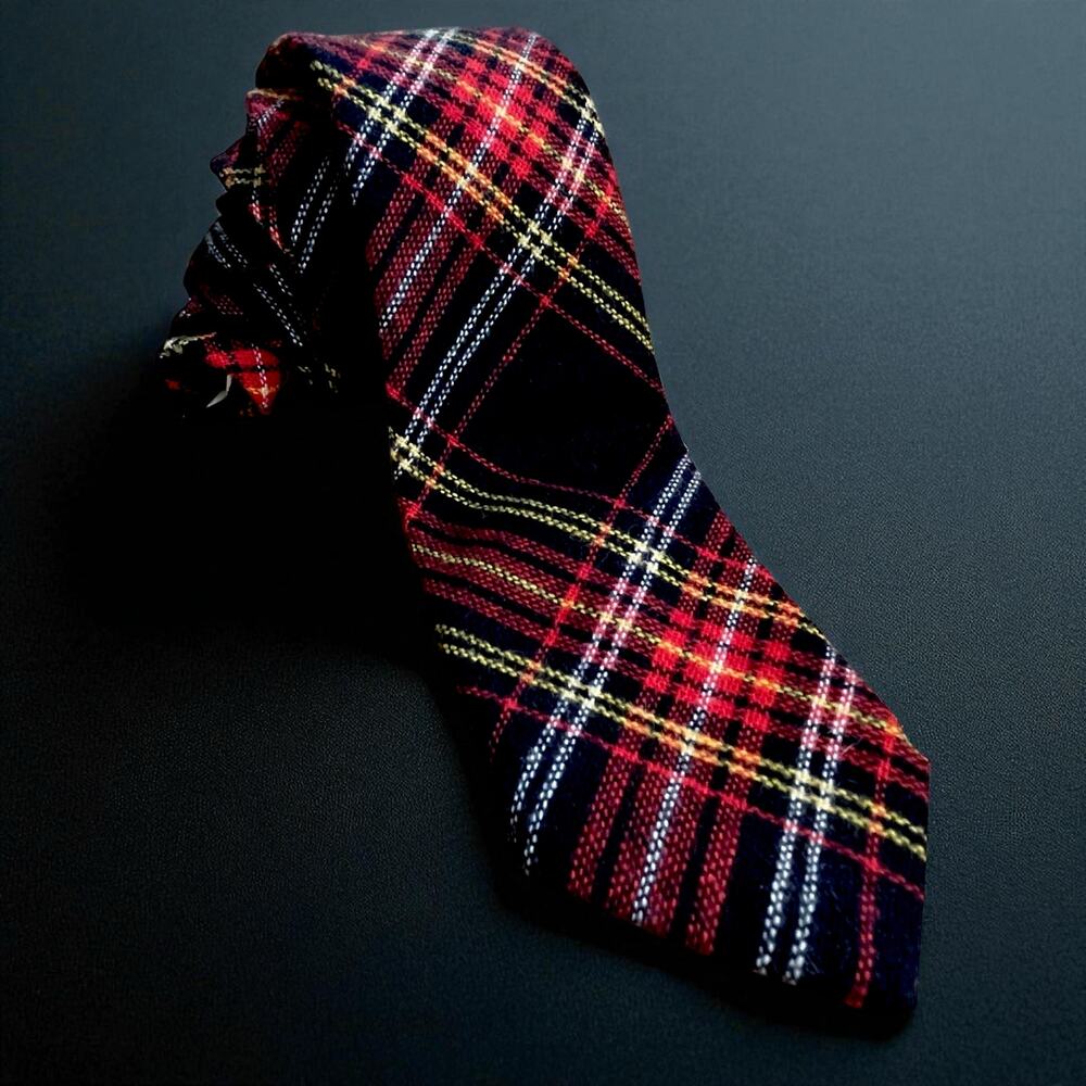 Vintage Bamberger’s Red Black + Yellow Tartan Plaid Wool Tie Short 55.5” Length